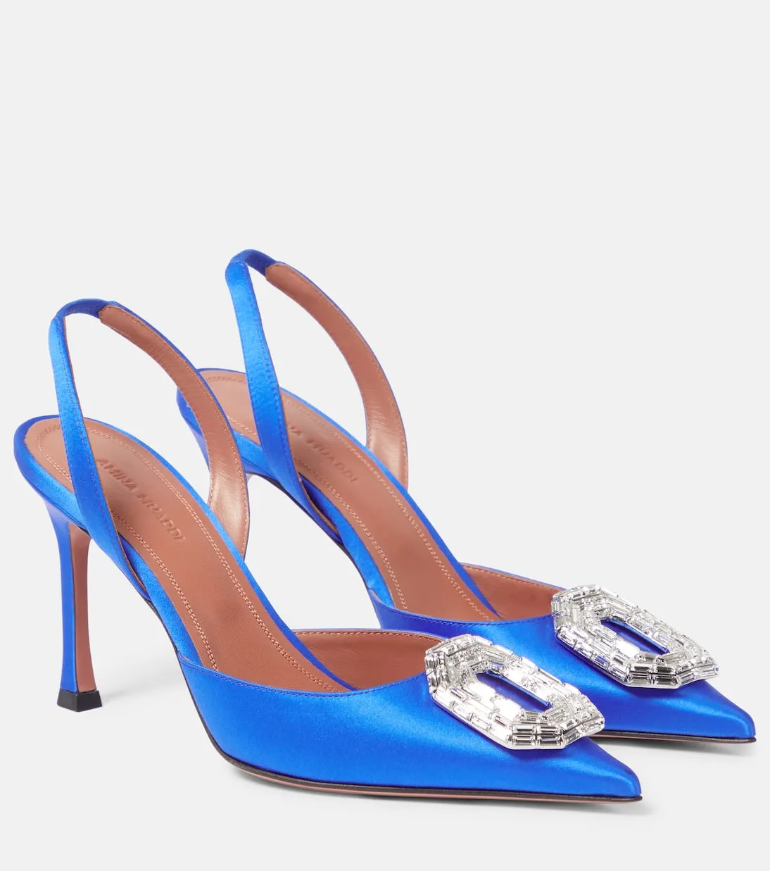 Amina Muaddi silk satin camelia slingback, blue