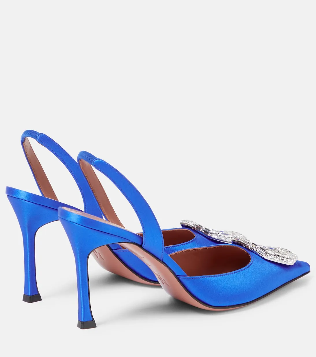 Amina Muaddi silk satin camelia slingback, blue