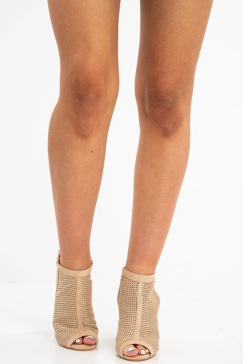 Beige Faux Suede Cage Front Block Heels - Shannon