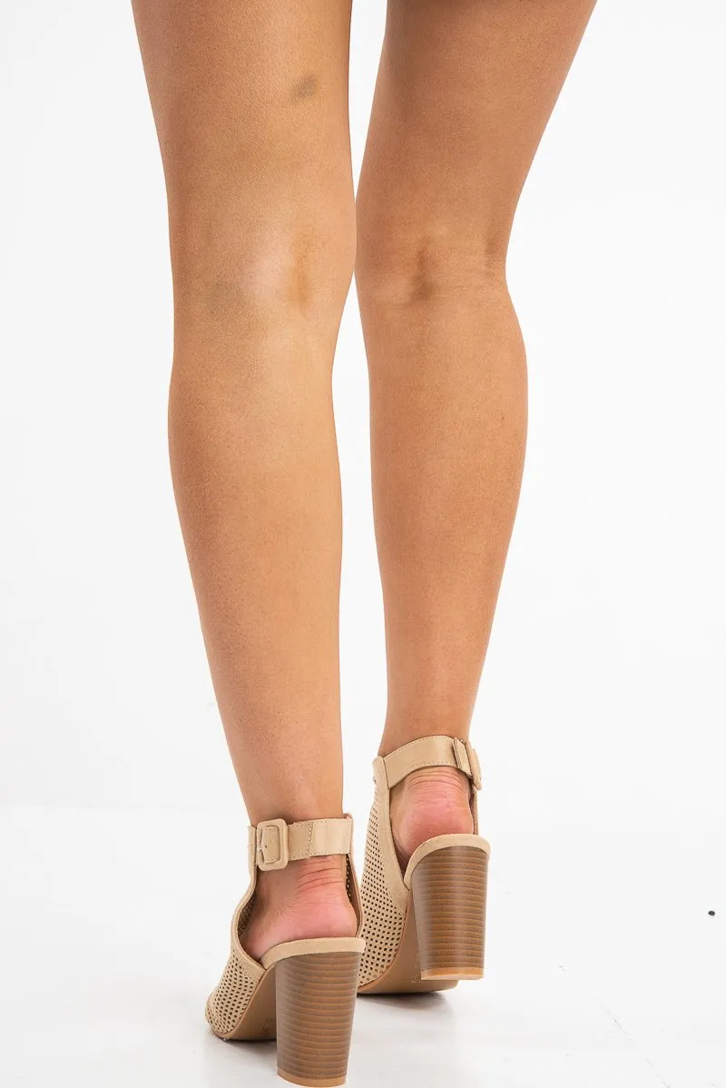 Beige Faux Suede Cage Front Block Heels - Shannon