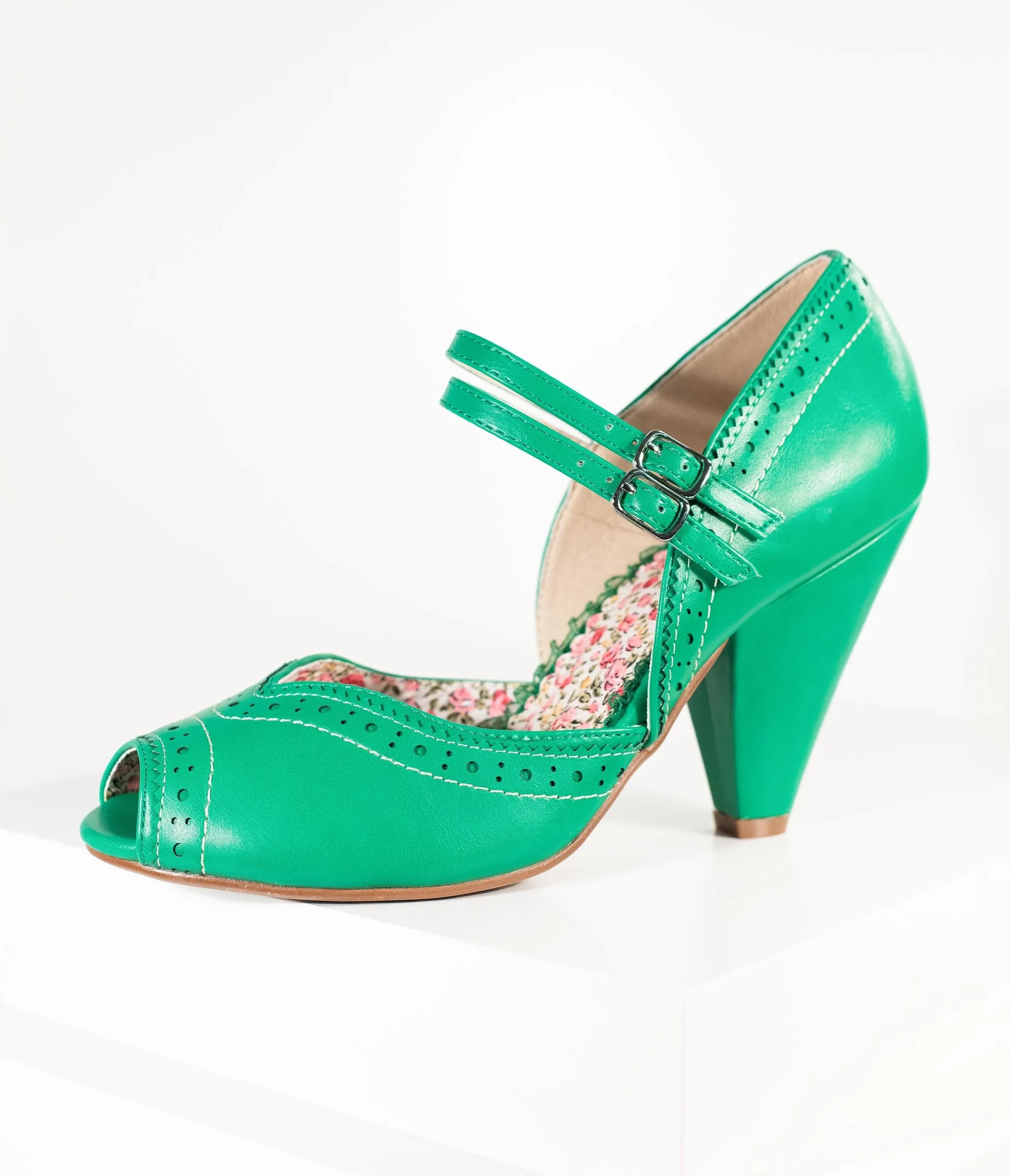 Bettie Page Green Leatherette Peep Toe Double Strap Nellie Pumps