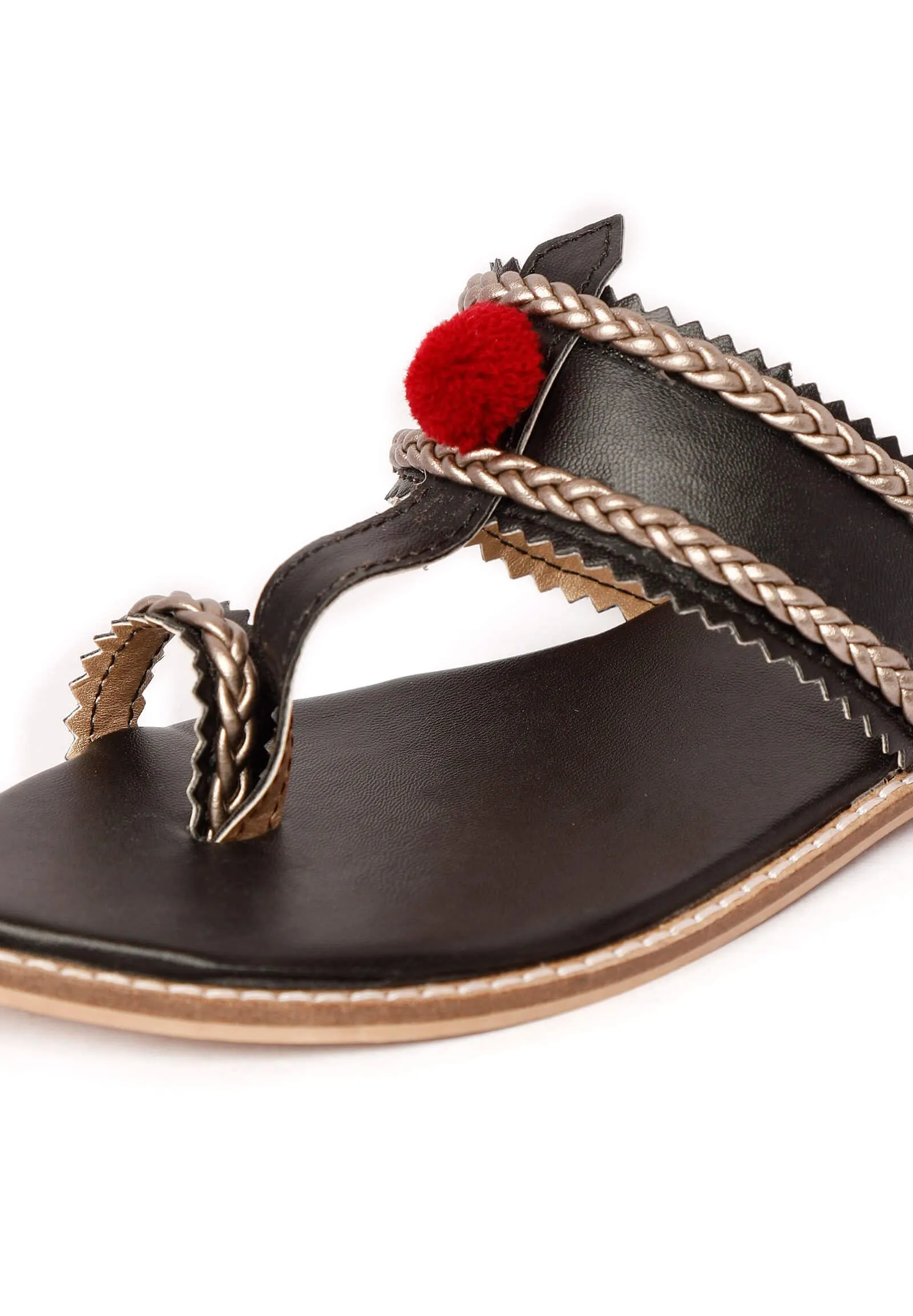 Black & Silver Cruelty Free Leather Sandals with Red Pom Poms