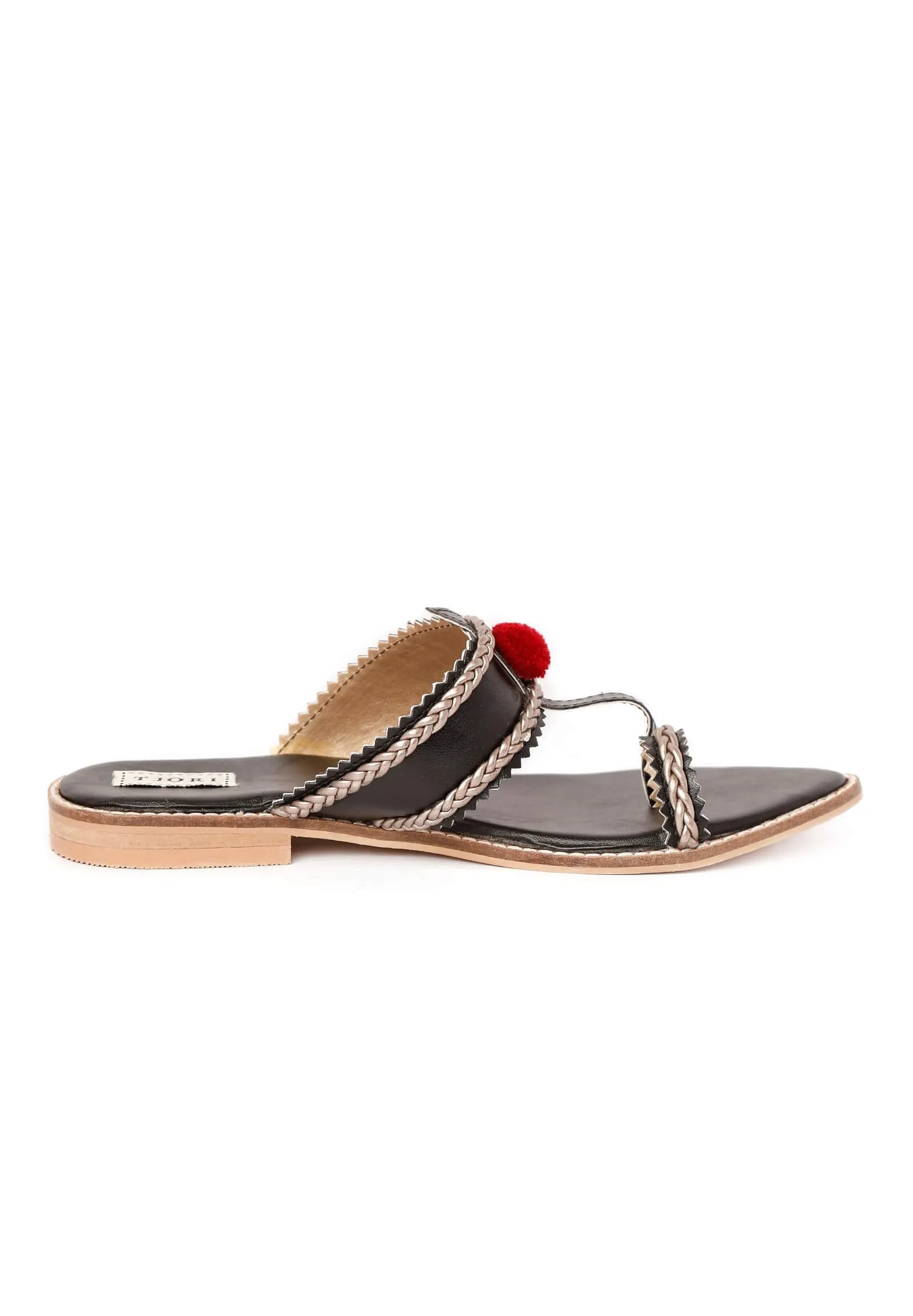 Black & Silver Cruelty Free Leather Sandals with Red Pom Poms