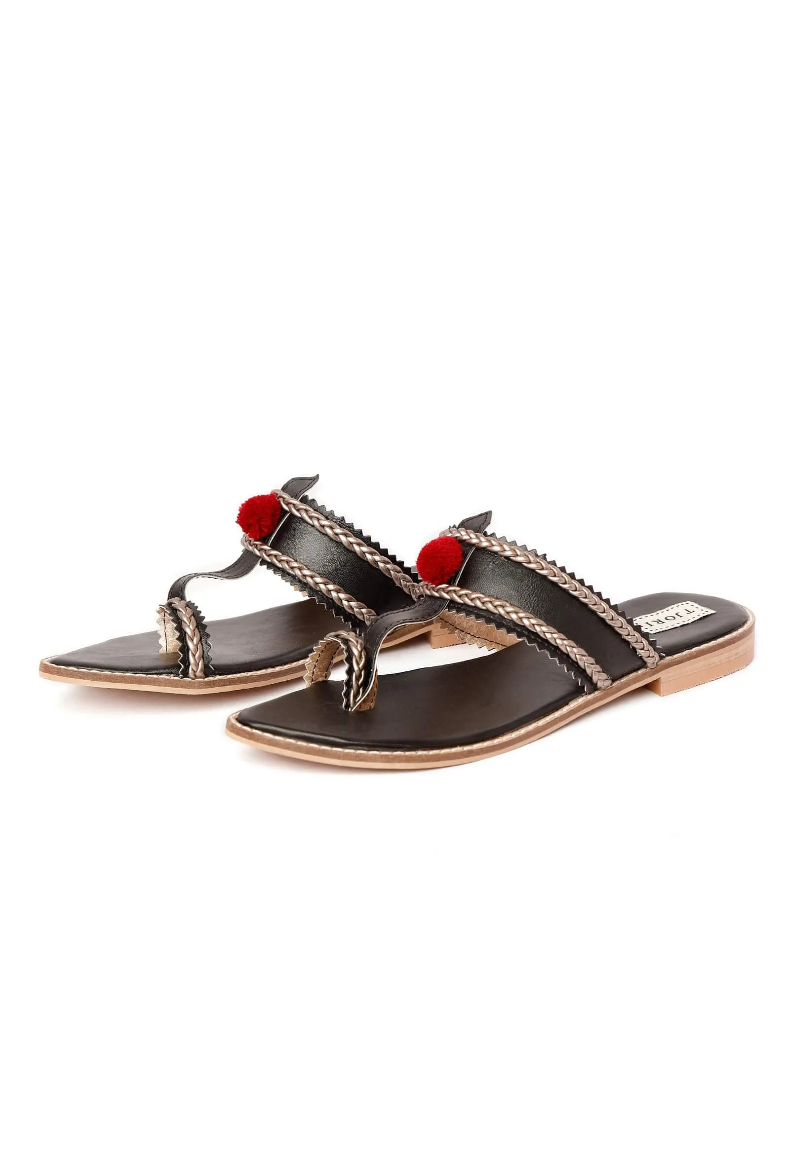 Black & Silver Cruelty Free Leather Sandals with Red Pom Poms