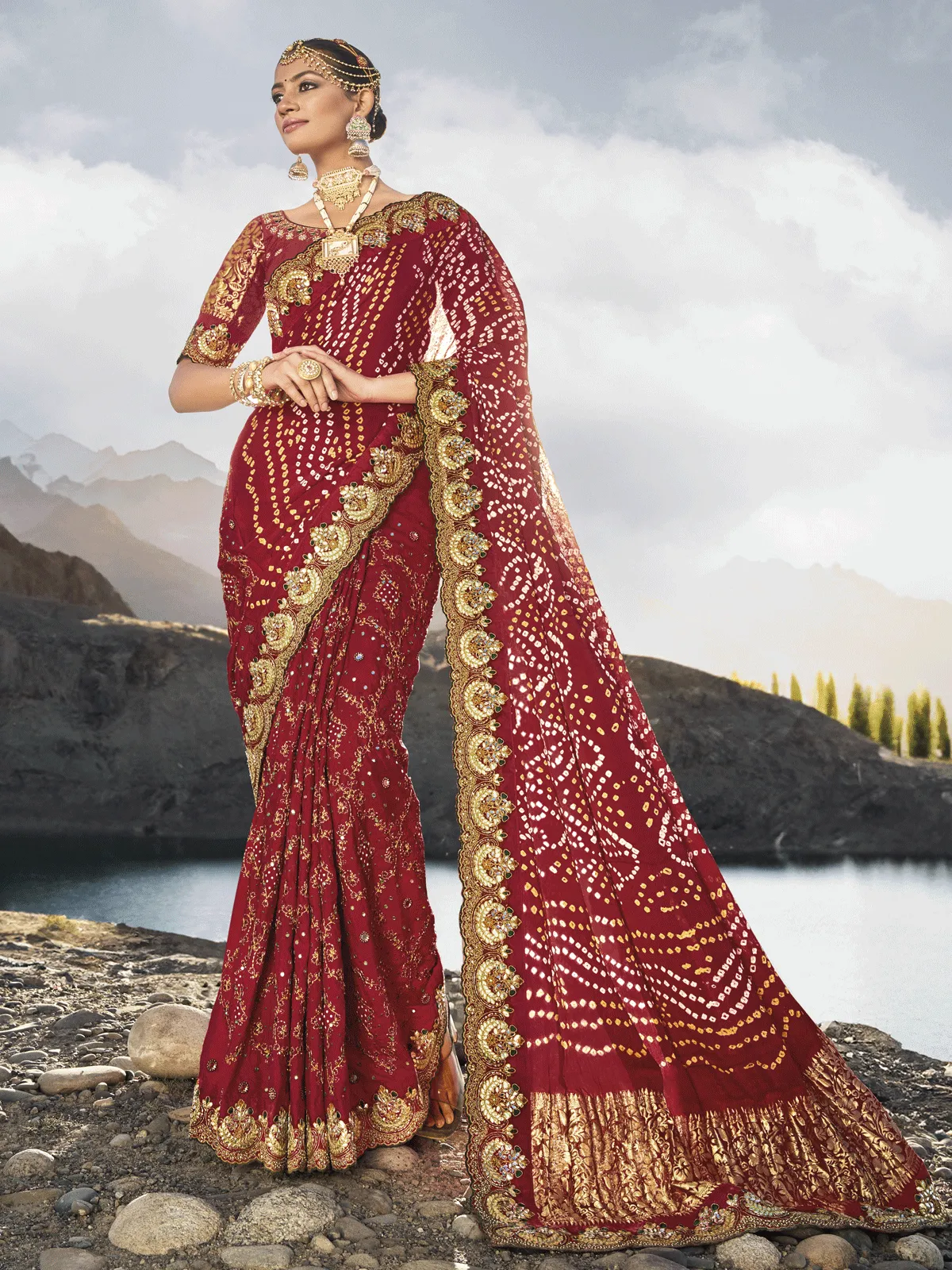 Bridal Red Multi Embroidery Bhandhej Satin Silk Saree