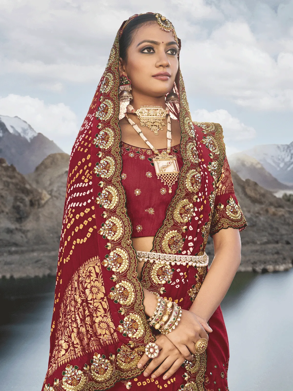 Bridal Red Multi Embroidery Bhandhej Satin Silk Saree