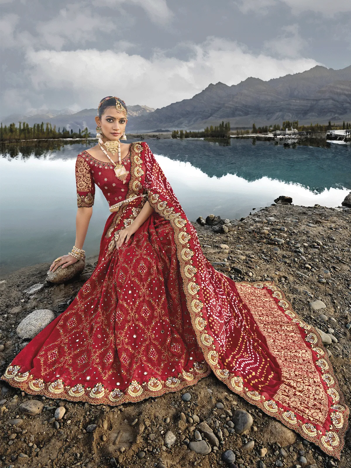 Bridal Red Multi Embroidery Bhandhej Satin Silk Saree