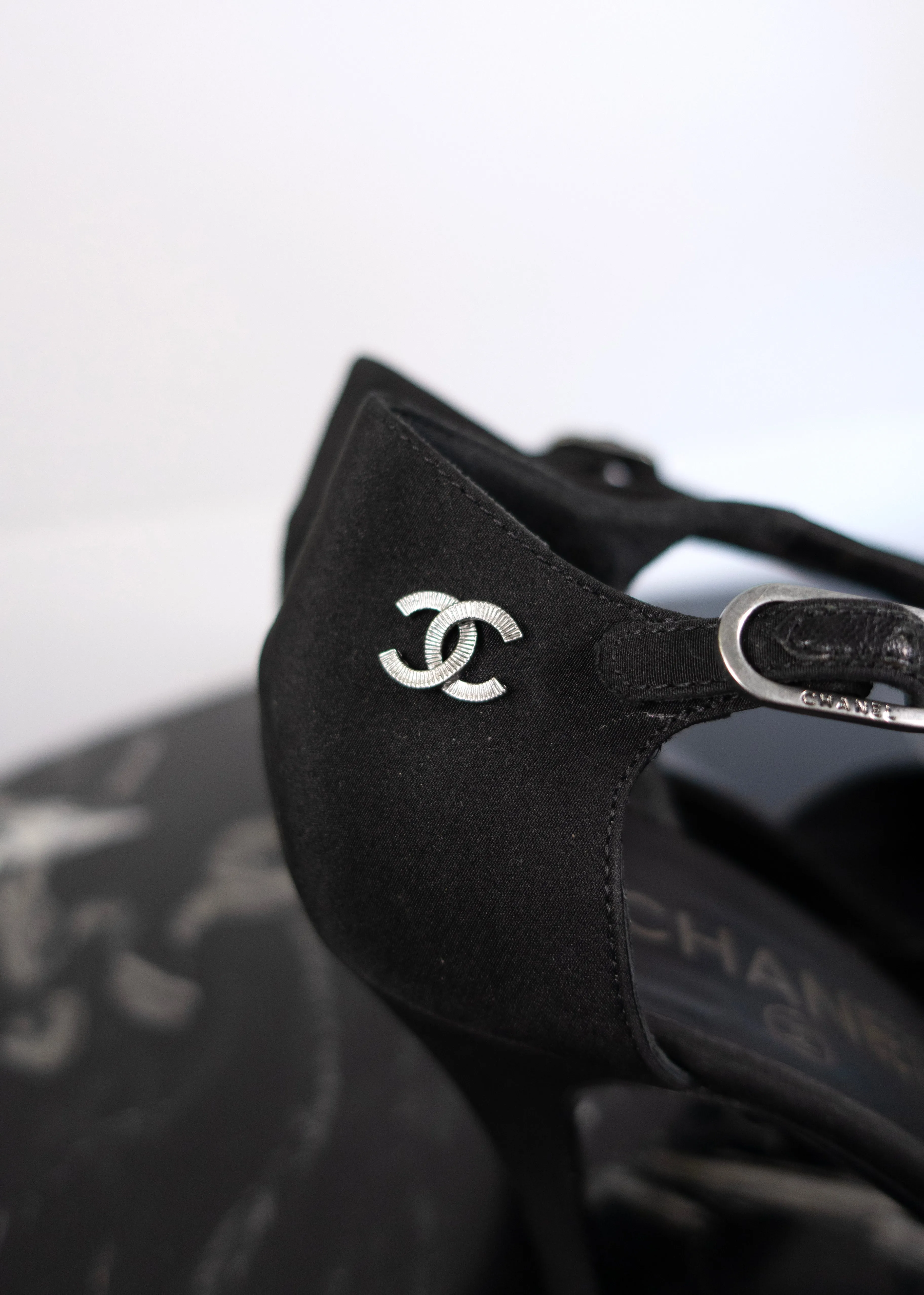 Chanel Black Satin Cap Toe T Strap Pump