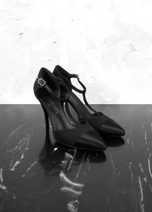 Chanel Black Satin Cap Toe T Strap Pump