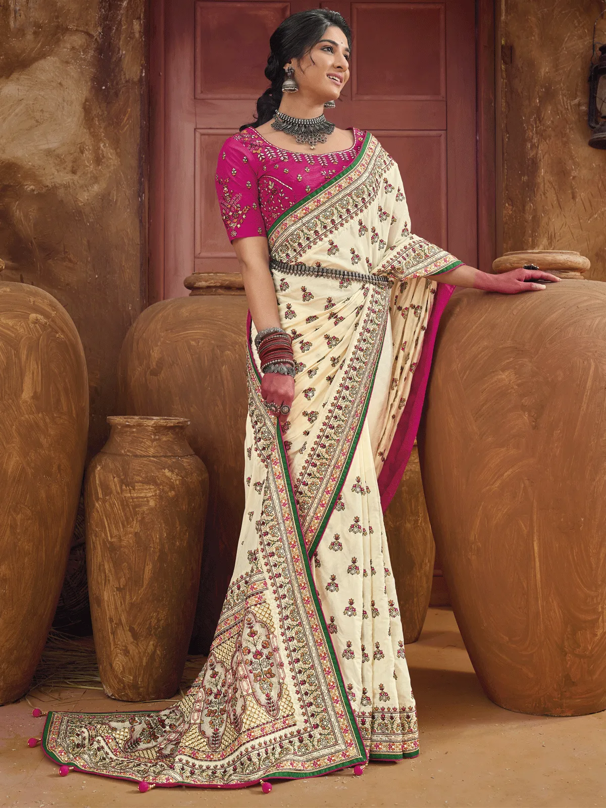 CREAM BANARASI SILK PURE KACHHI WORK SAREE