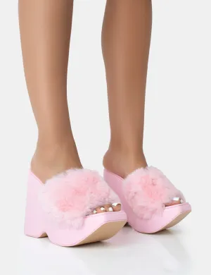 Cutie Pink Faux Fur Platform Wedge Heels