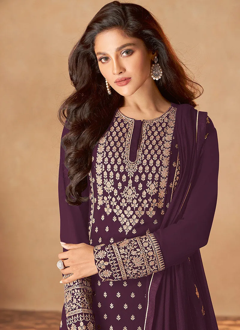 Deep Wine Golden Embroidered Indian Designer Sharara Suit