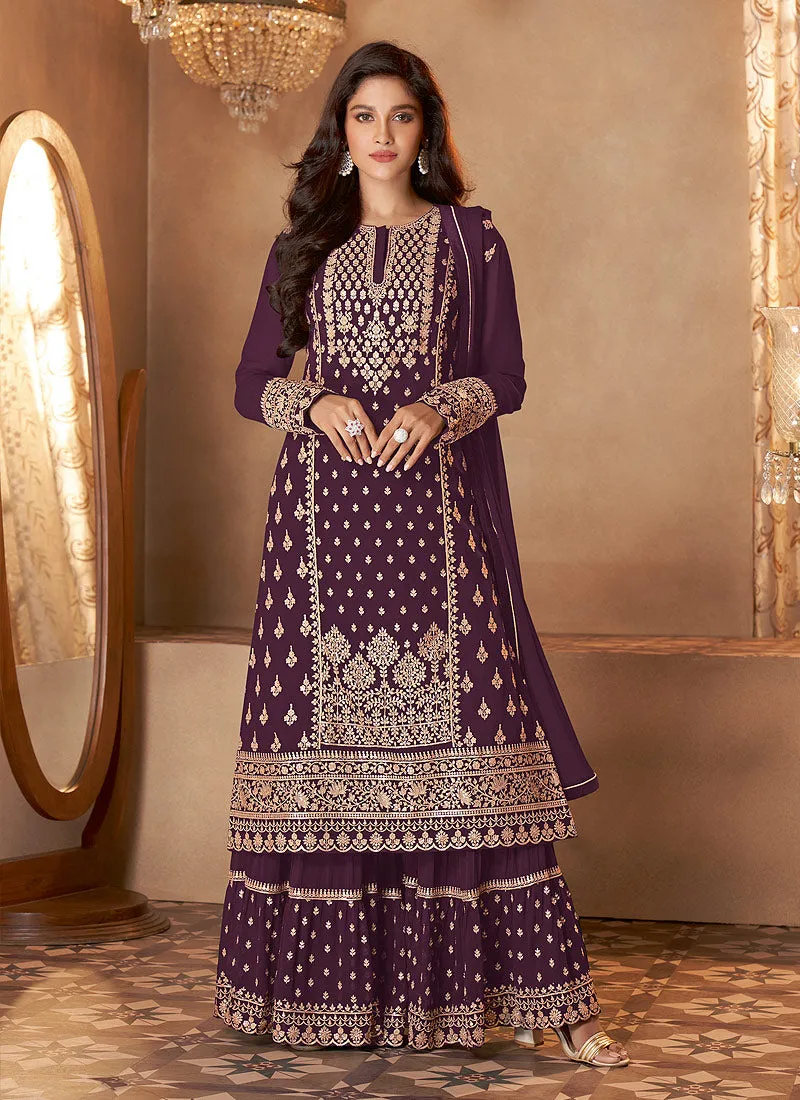 Deep Wine Golden Embroidered Indian Designer Sharara Suit