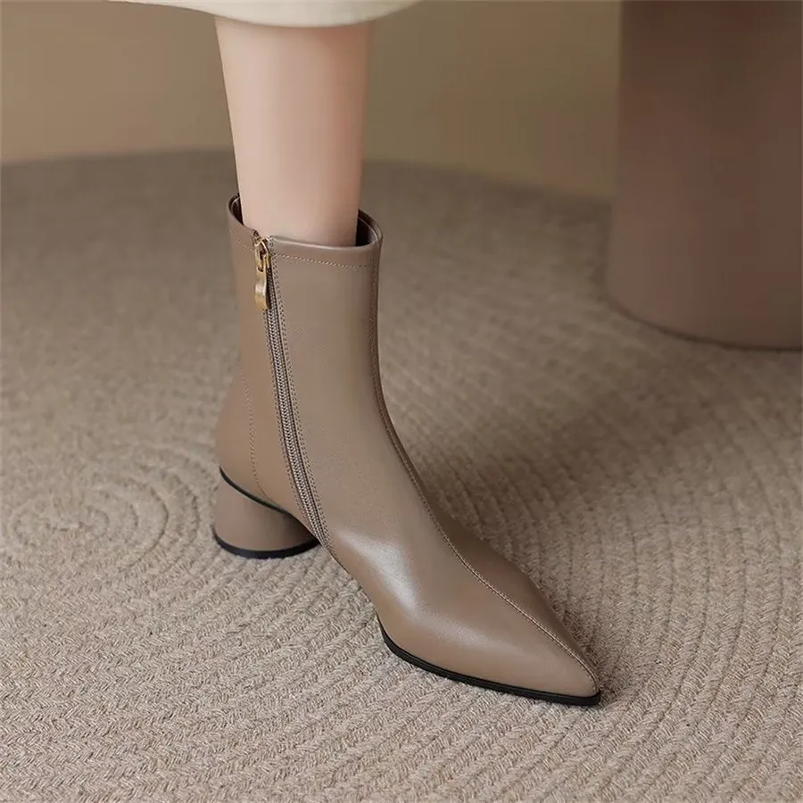 Elegant Cow Leather Pointed Toe Chunky Heel Boots