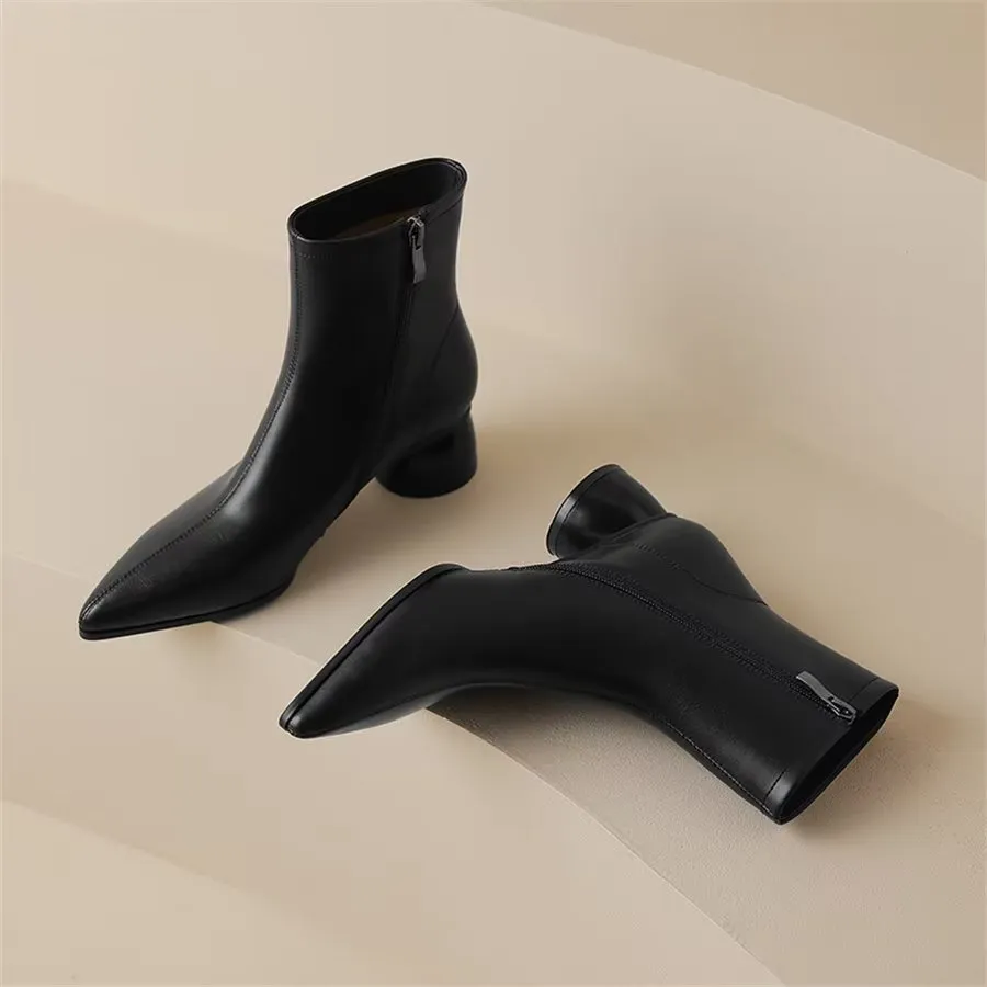 Elegant Cow Leather Pointed Toe Chunky Heel Boots