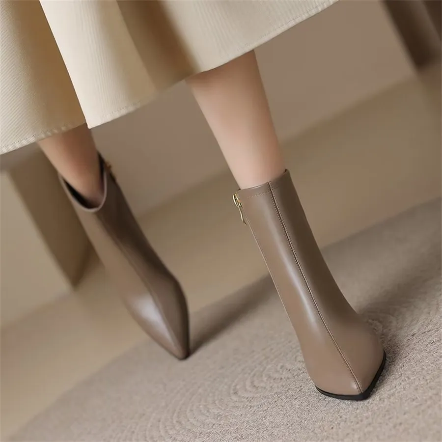 Elegant Cow Leather Pointed Toe Chunky Heel Boots