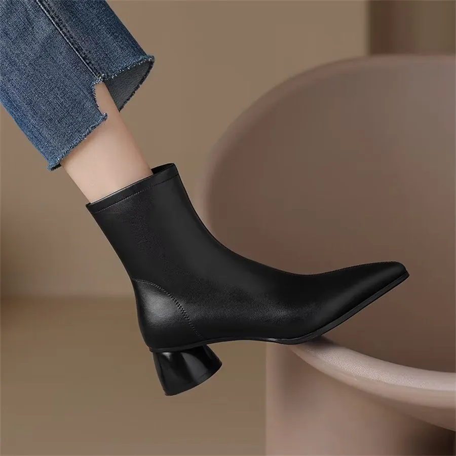 Elegant Cow Leather Pointed Toe Chunky Heel Boots