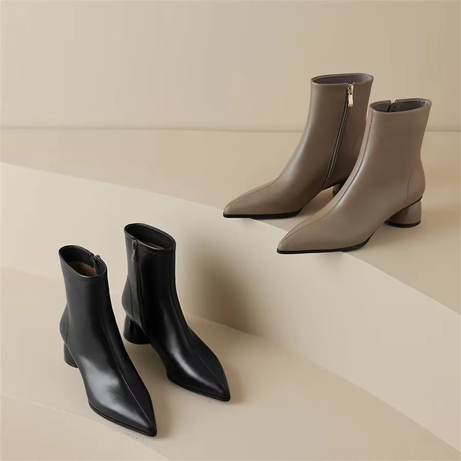 Elegant Cow Leather Pointed Toe Chunky Heel Boots