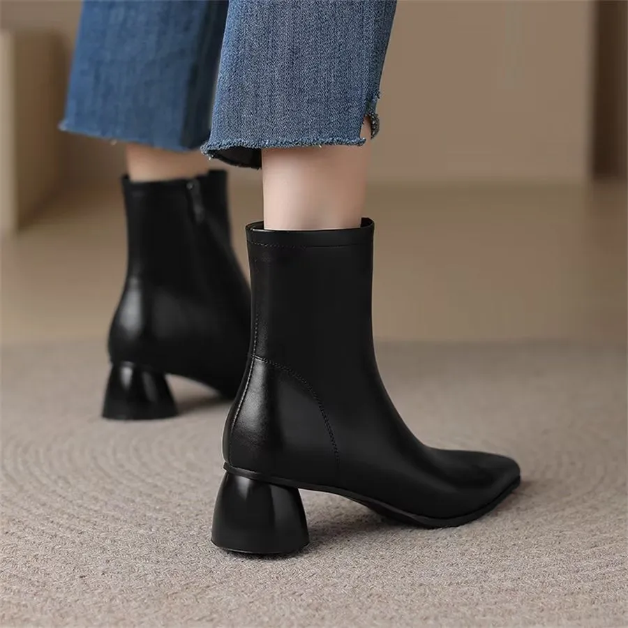 Elegant Cow Leather Pointed Toe Chunky Heel Boots