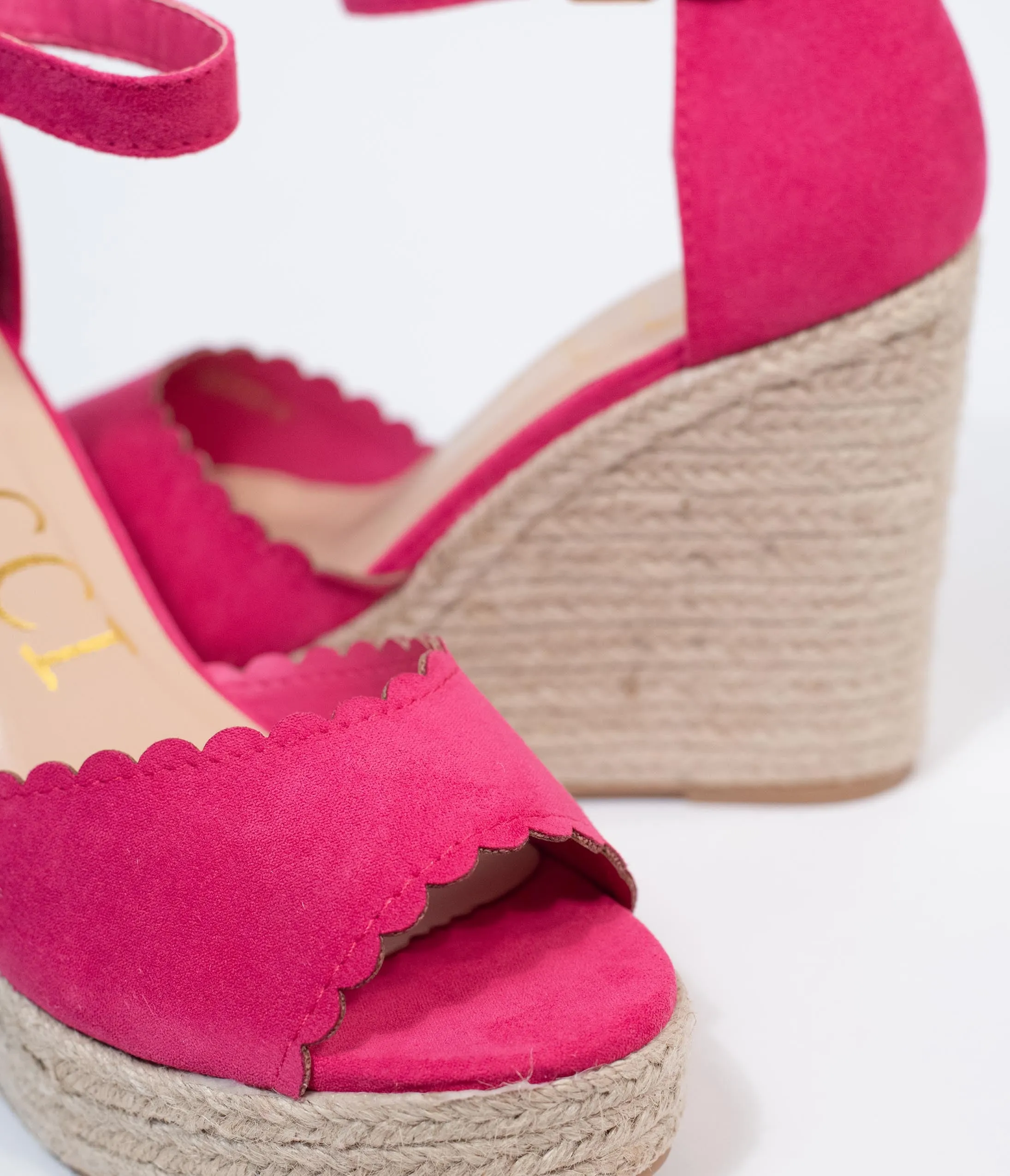 Fuchsia Suede Peep Toe Espadrille Wedges