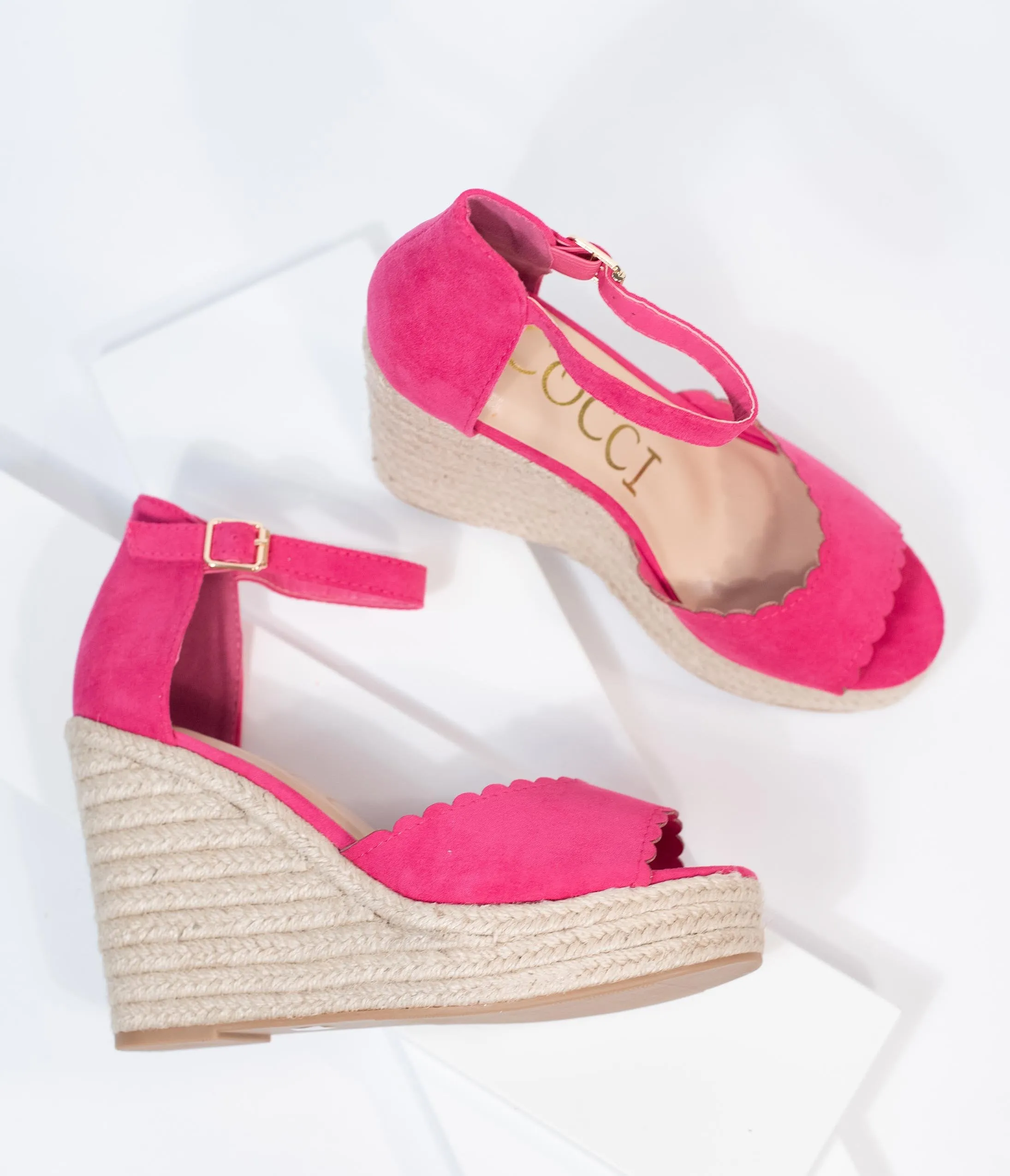 Fuchsia Suede Peep Toe Espadrille Wedges