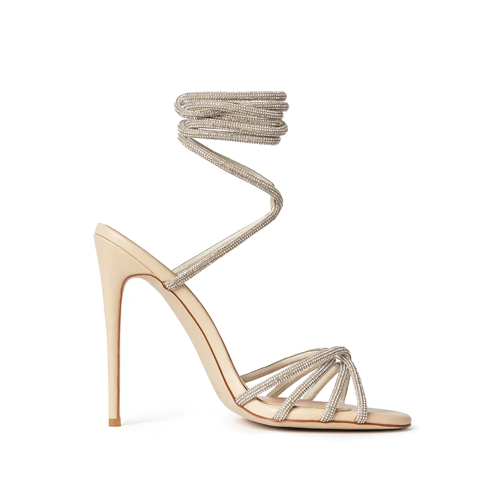 Grace Nude Vegan Leather Crystal Wrap Sandal Heels