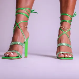 Green Crystal Lace Up Heel Sandals