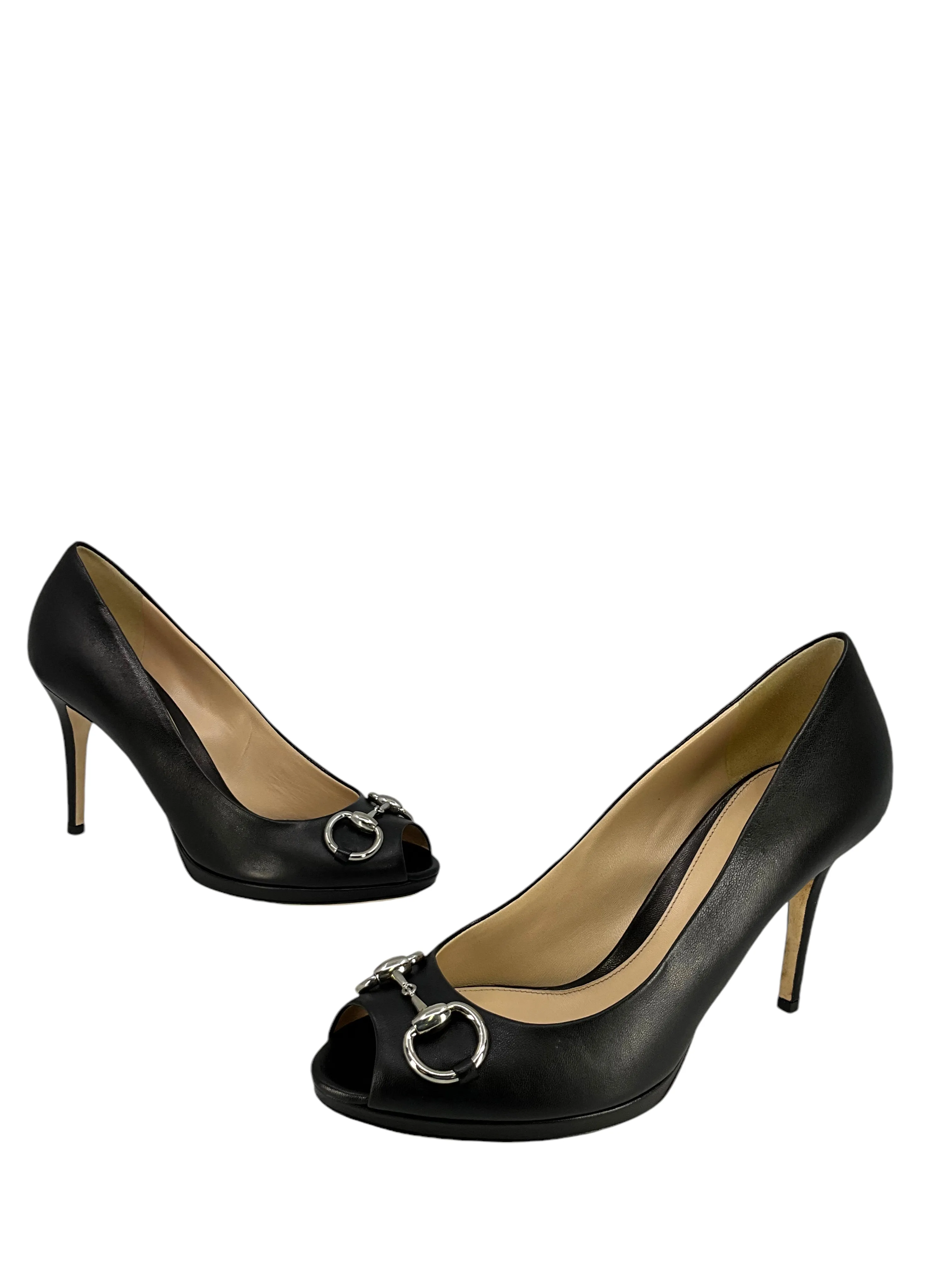 Gucci Horsebit Leather Peep Toe Pumps Size 8