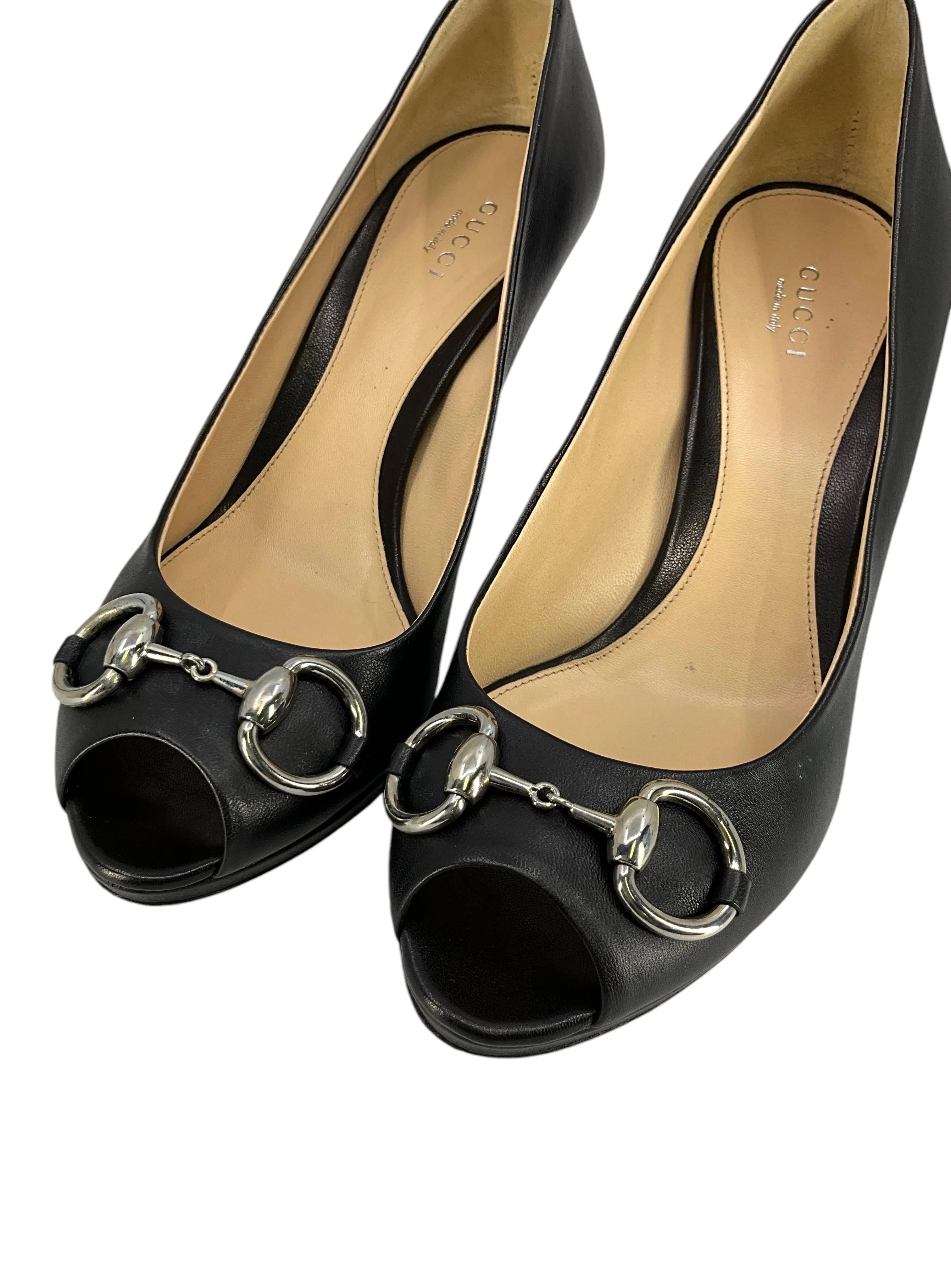 Gucci Horsebit Leather Peep Toe Pumps Size 8