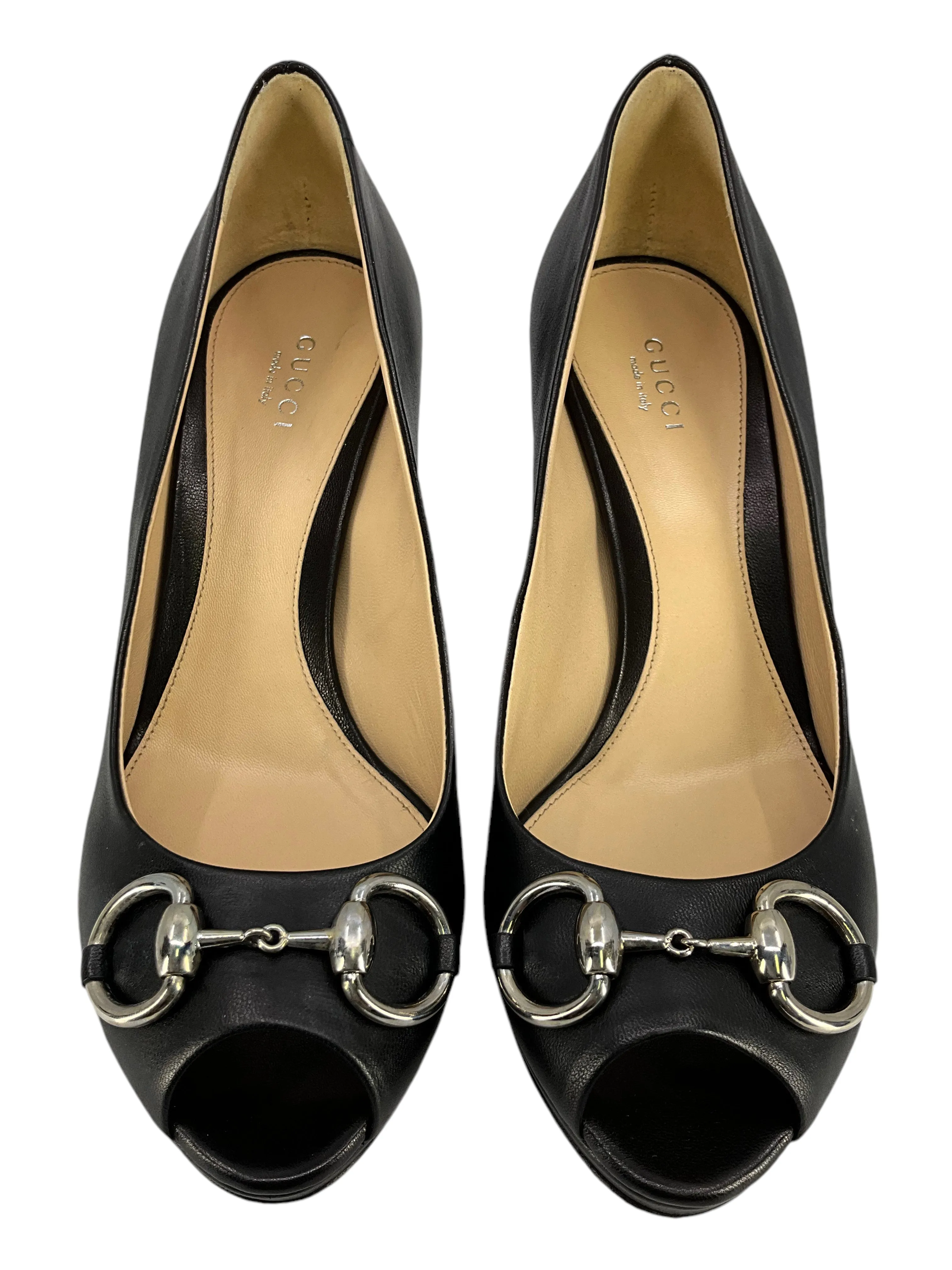 Gucci Horsebit Leather Peep Toe Pumps Size 8