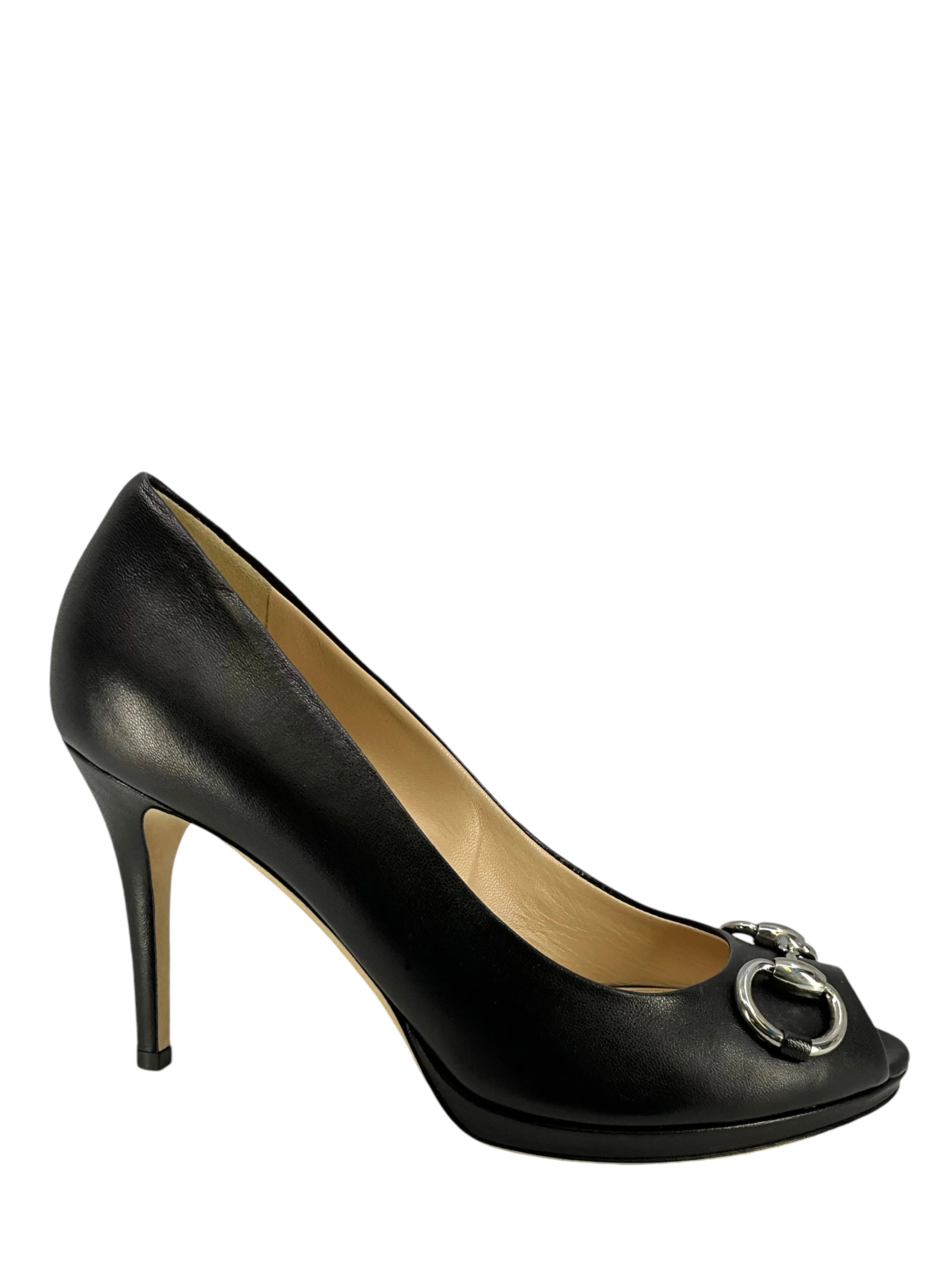 Gucci Horsebit Leather Peep Toe Pumps Size 8