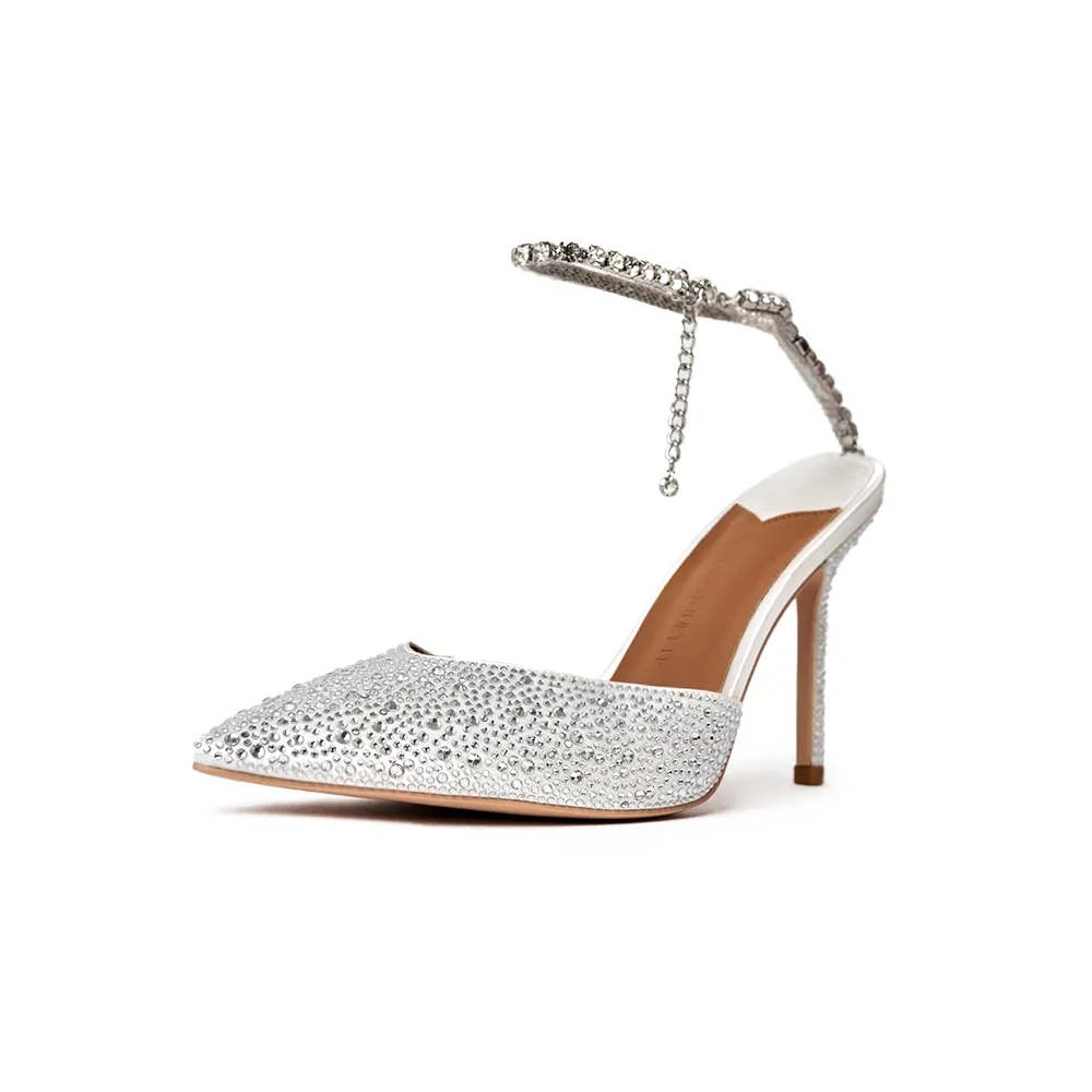 Hailey White & Silver Crystal Ankle Strap Heels