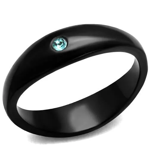 IP Black(Ion Plating) Stainless Steel Ring with Top Grade Crystal in Light Sapphire for Women Style TK2274