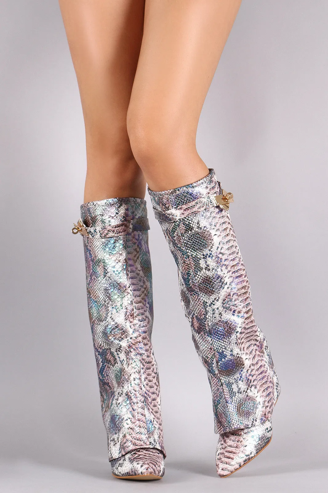 Iridescent Snake Print Fold Down Shaft Knee High Wedge Boots