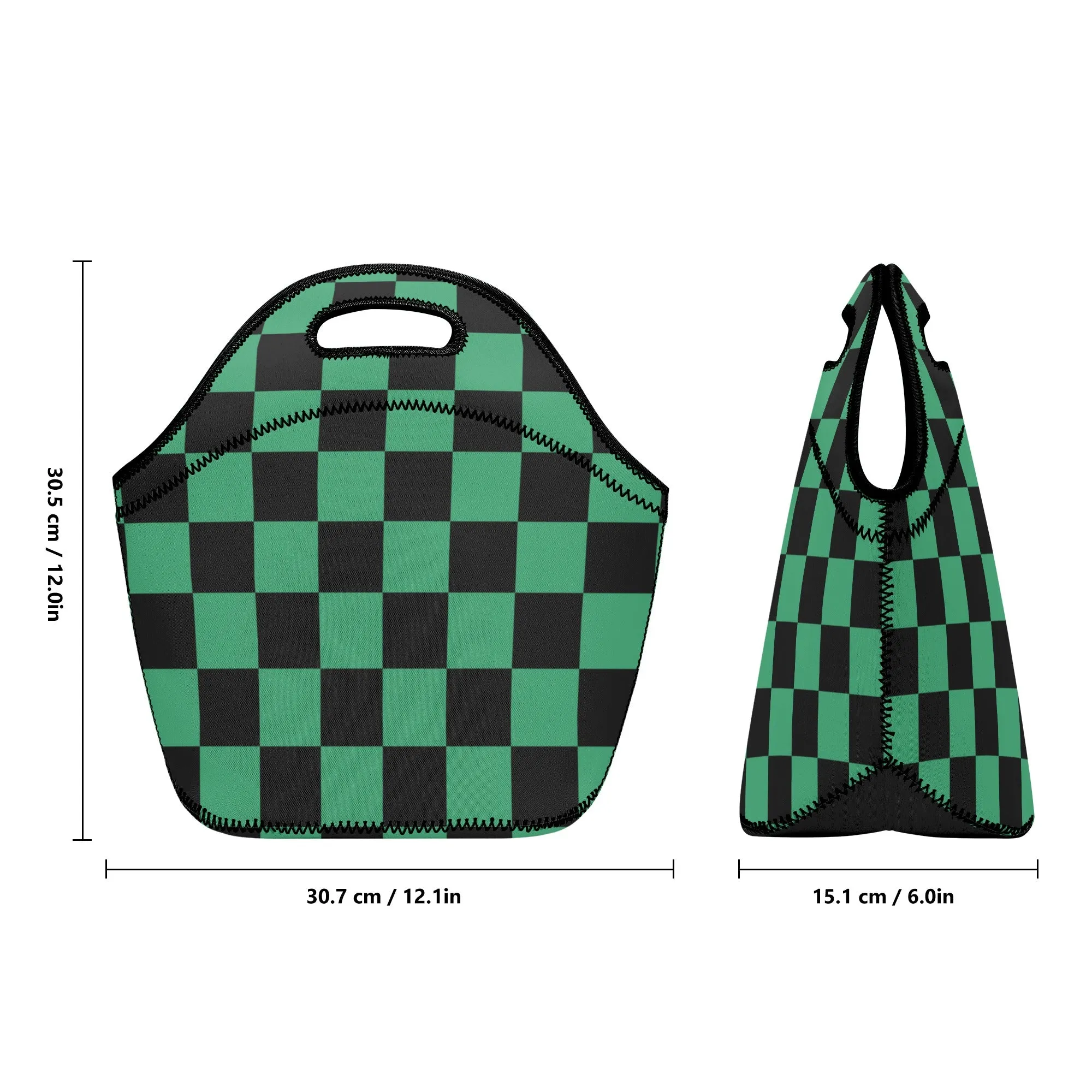 Neoprene lunch bag | Back to School Supplies | Thermal Insulated Lunch Bag | Anime Inspired Green & Black Checks