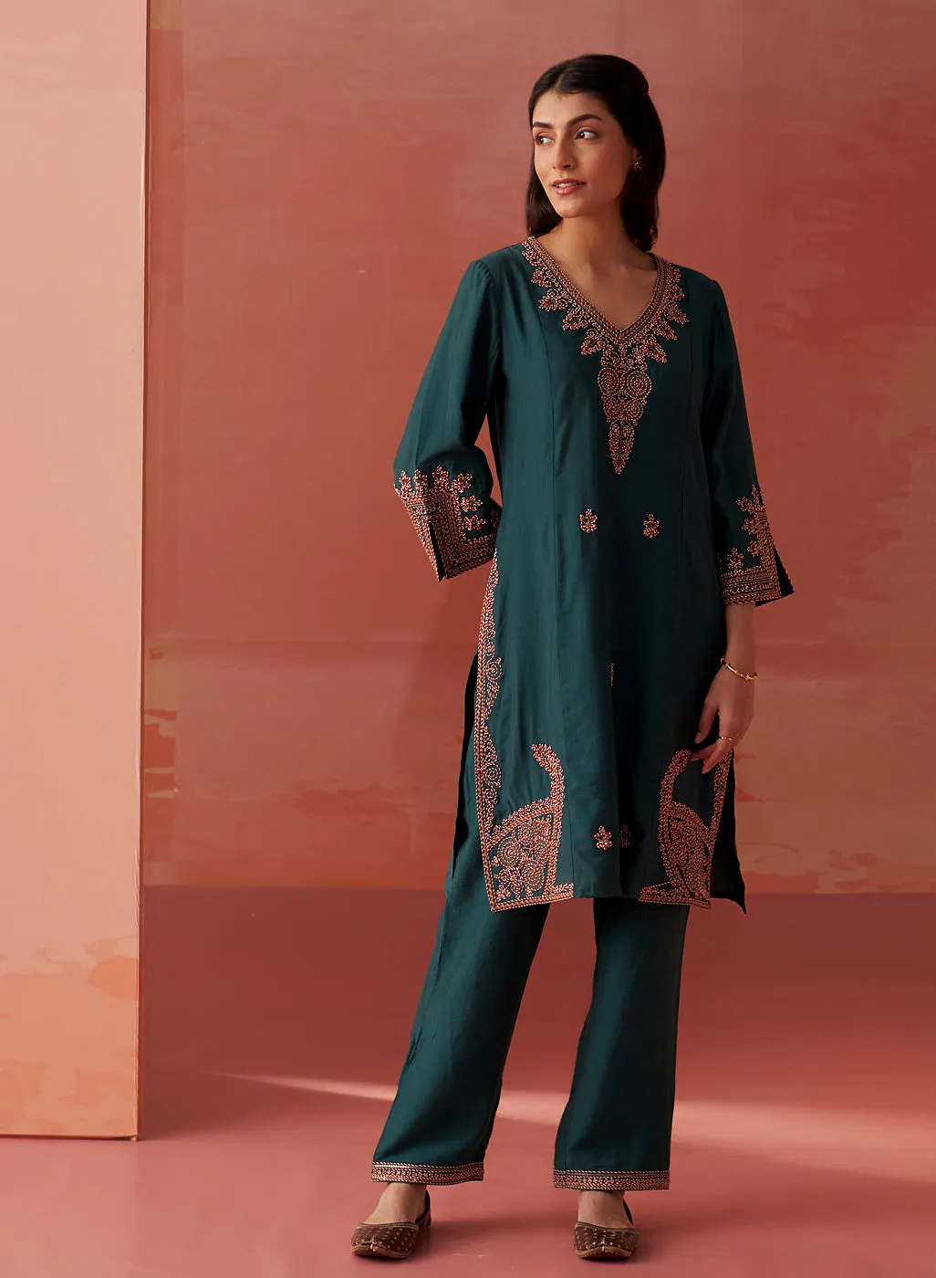 Nikhat Emerald Embroidered Rayon Co-ord Set for Women