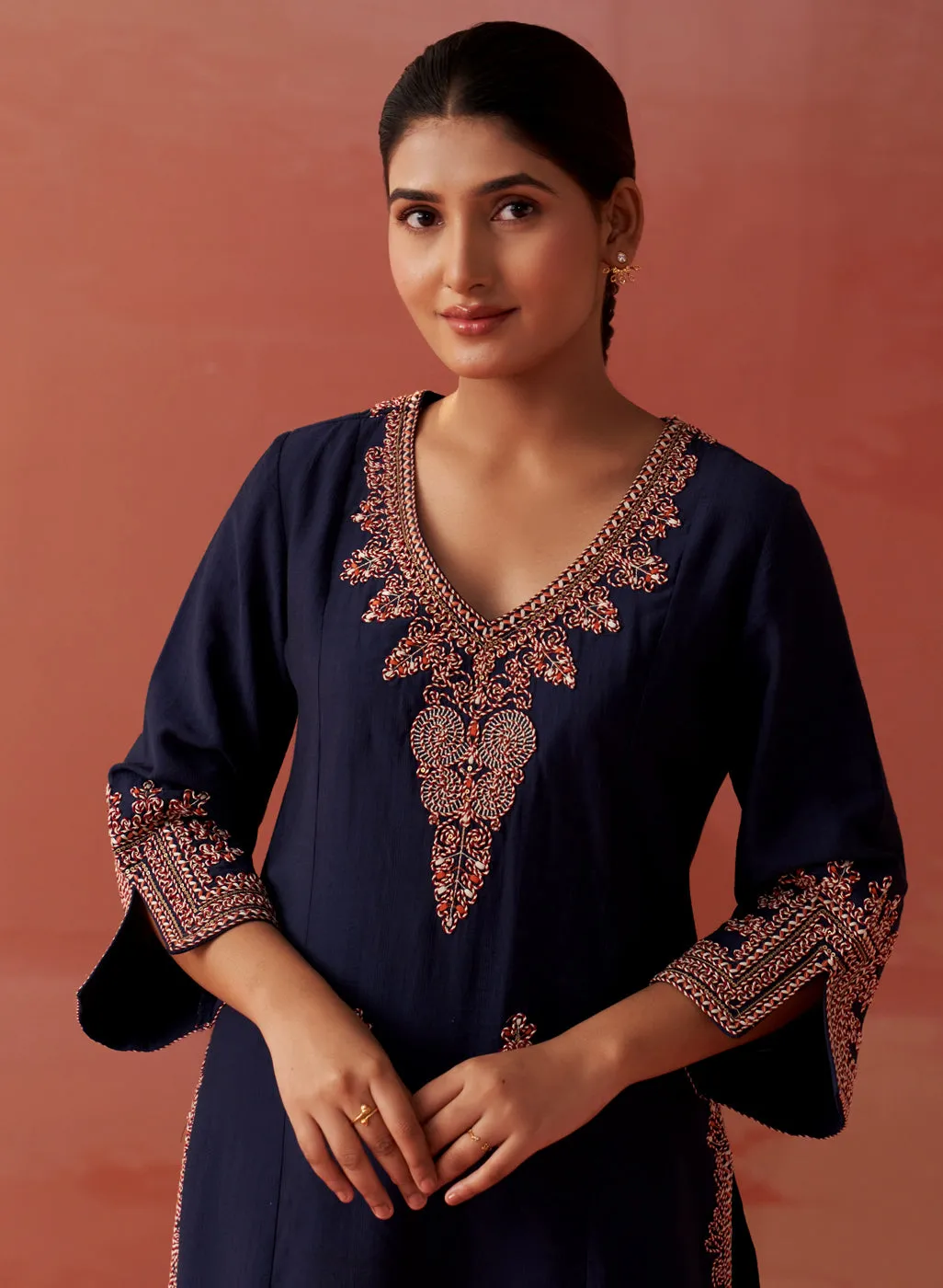 Nikhat Navy Blue Embroidered Rayon Co-ord Set for Women