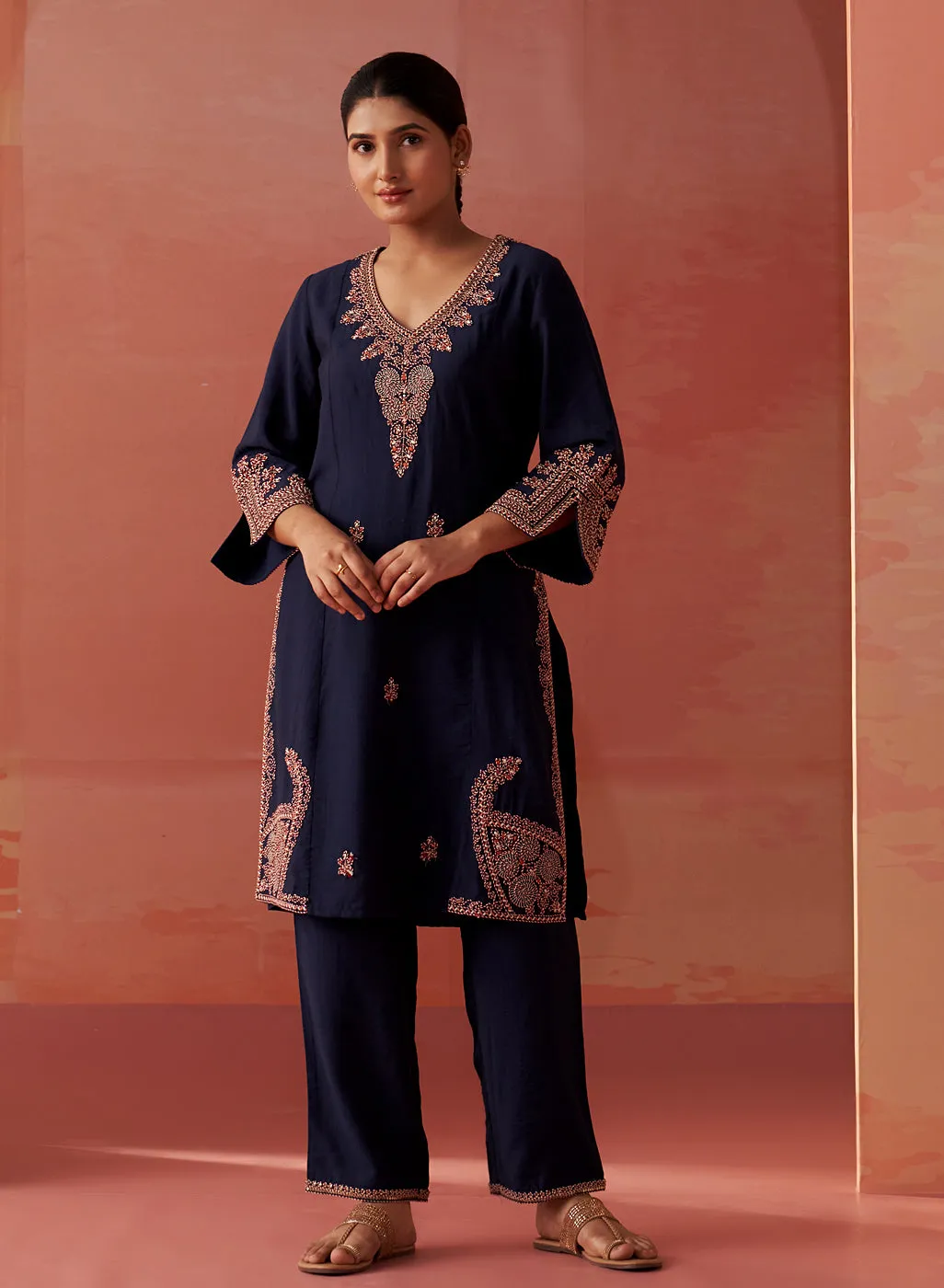 Nikhat Navy Blue Embroidered Rayon Co-ord Set for Women