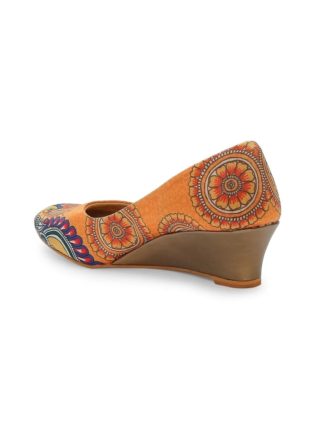 Orange Madhubani Art Wedge Heels