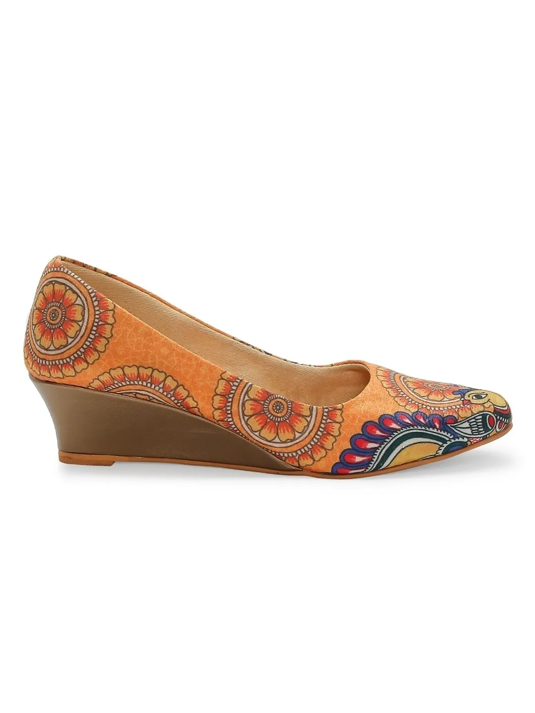 Orange Madhubani Art Wedge Heels