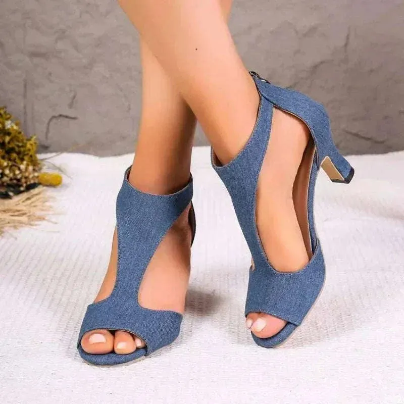 Party Wear Heels - Women Denim Rome Sandals, Sexy Open Toe High Heels