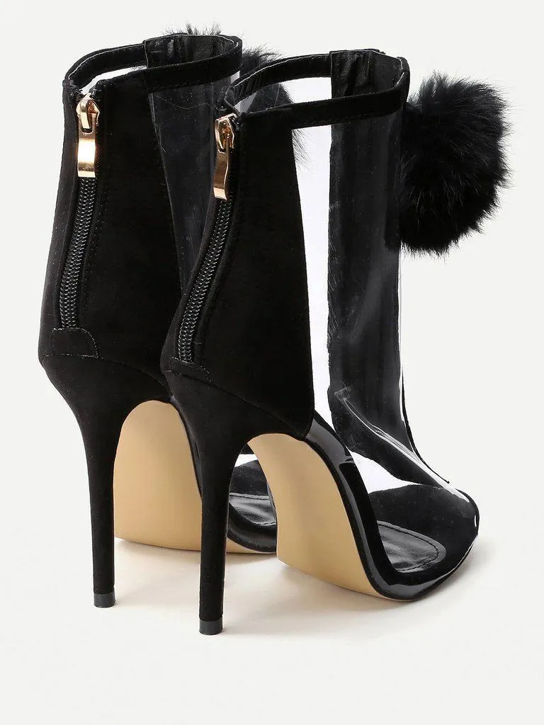 Pom Pom Front Zipper Design Stiletto Heels