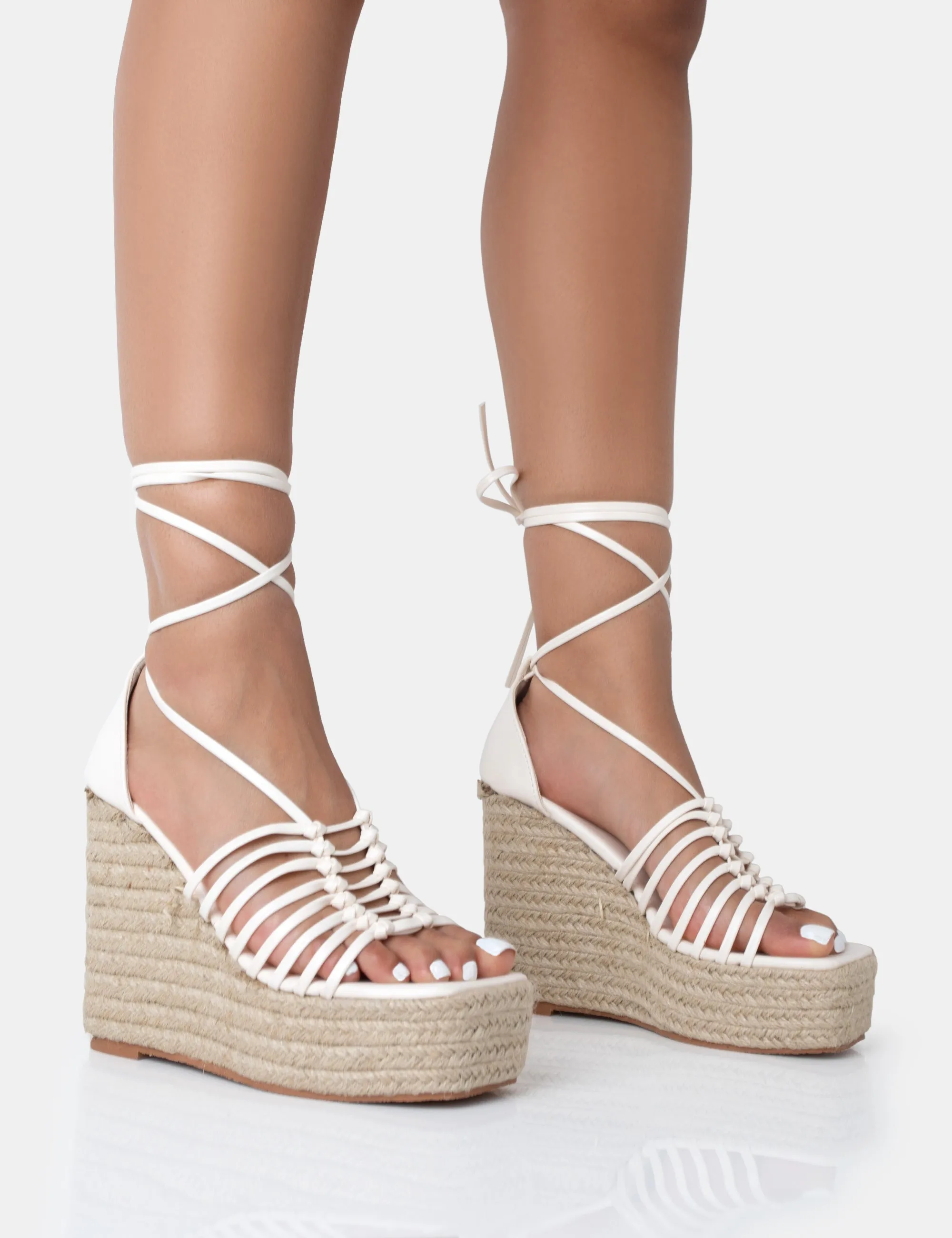 Reece Wide Fit Ecru Pu Knot Strap Lace Up Raffia Wedge Heels