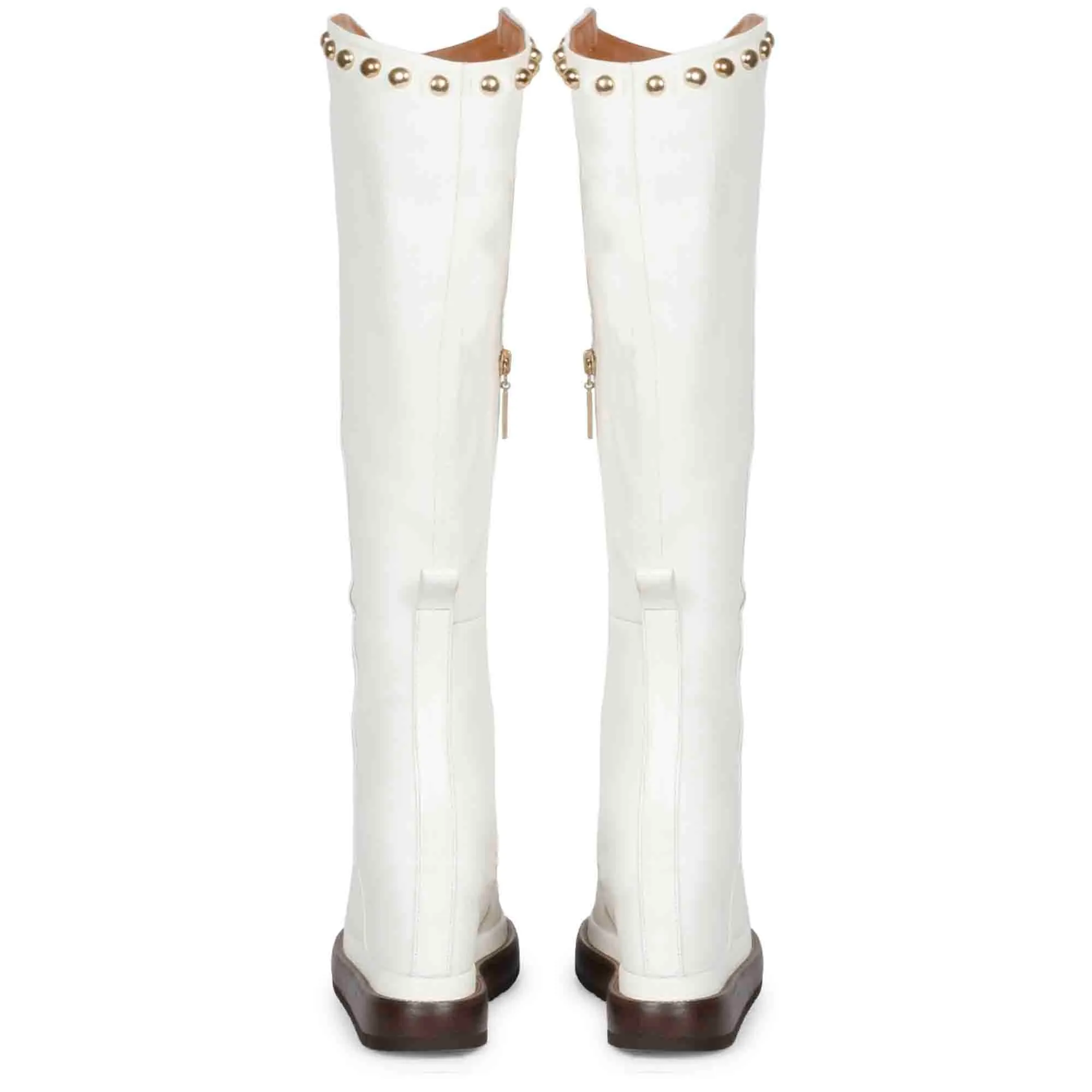 Saint Adelmo Metal Studs White Leather Wedge Heel Long Boots