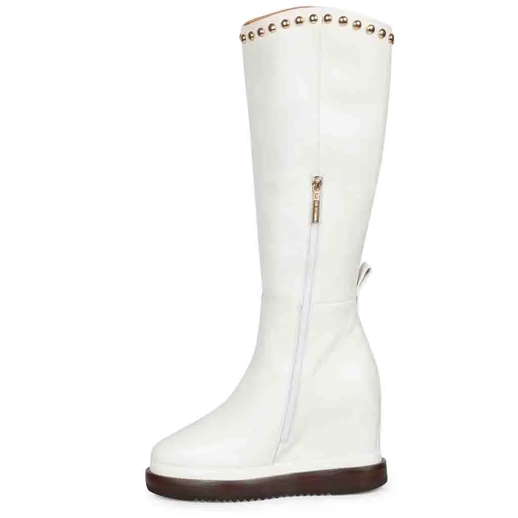 Saint Adelmo Metal Studs White Leather Wedge Heel Long Boots