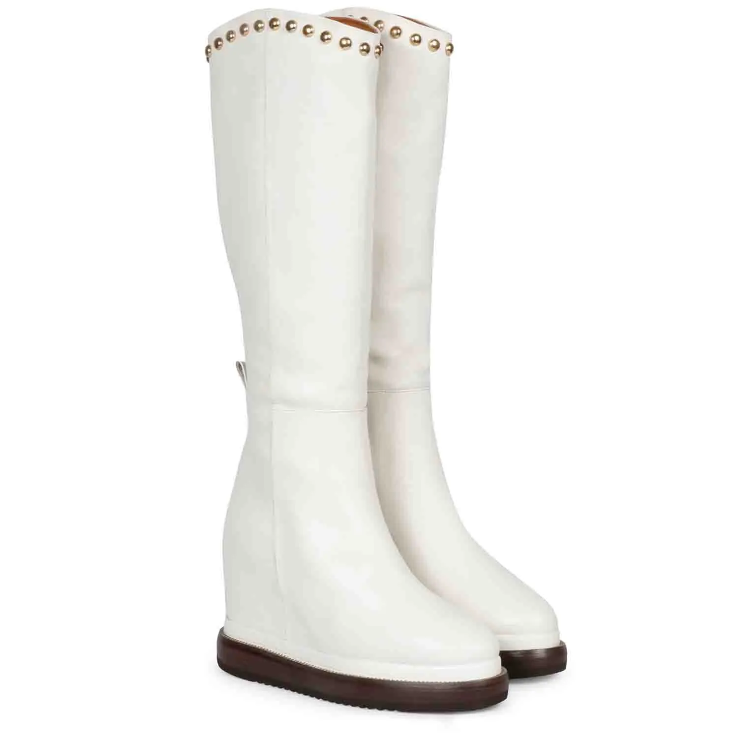 Saint Adelmo Metal Studs White Leather Wedge Heel Long Boots