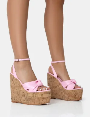 Sandy Pink PU Knot Strap Round Toe Cork Wedge Heels