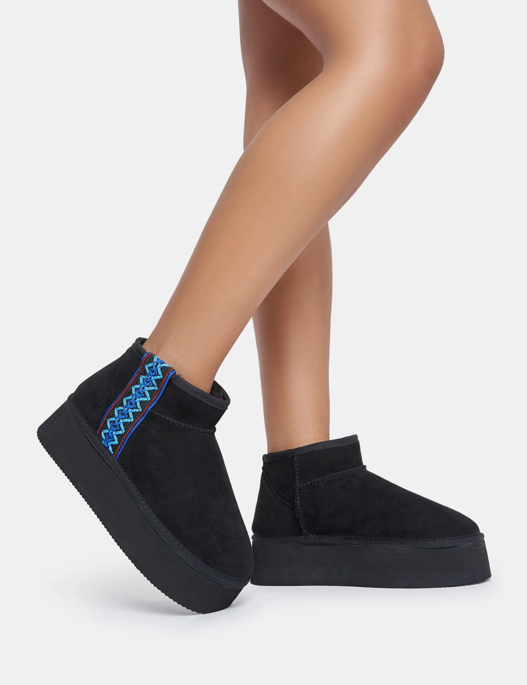 Snowfall Black Faux Suede Aztec Trim Ultra Mini Ankle Platform Boots