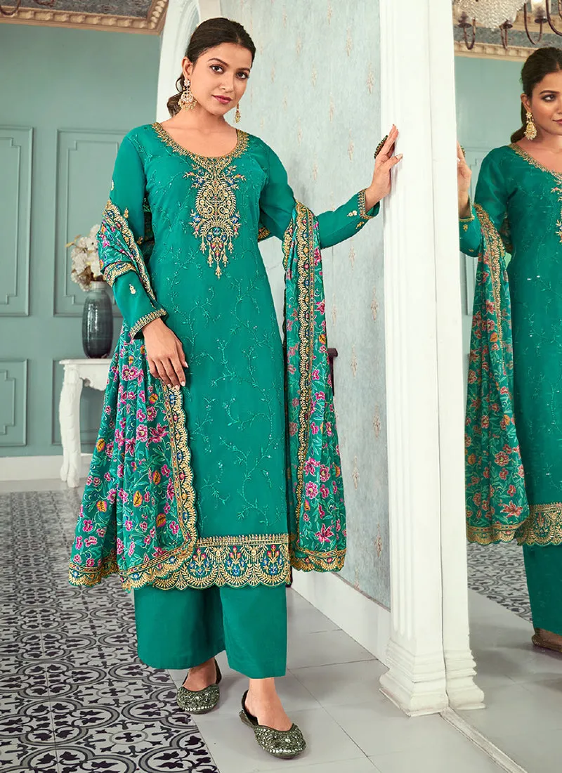 Turquoise Multicoloured Embroidery Casual Salwar Kameez