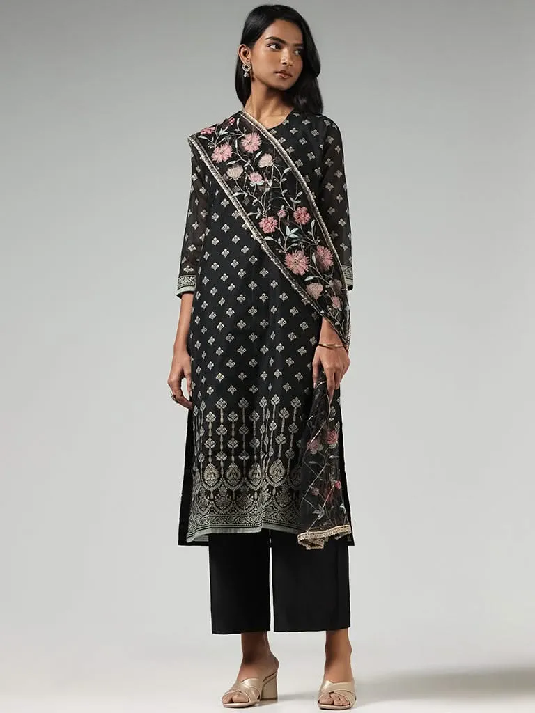 Vark Black Printed Cotton Blend Kurta with Palazzos and Dupatta